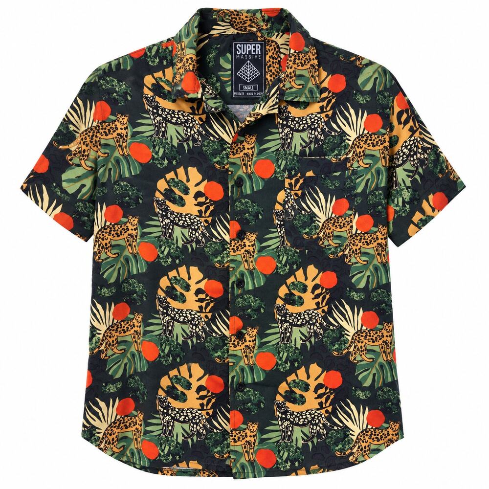 Super Massive Jungle Leopard Cheetah Tropical Hawaiian Button Shirt Mens Small